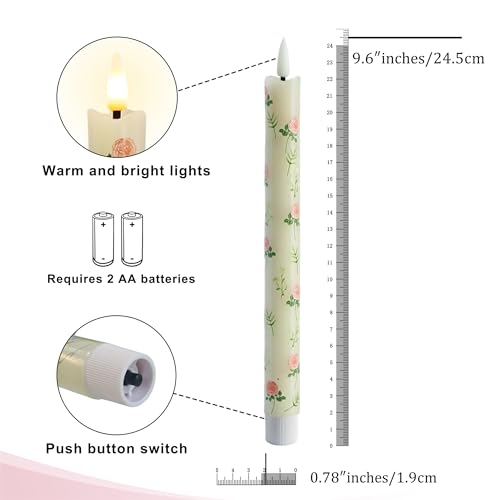Image of Floral Candles Remote Candlesticks-10inches Timer Flickering Battery Operated Candle Chinoiserie LED Taper Candles Lights for Home Wedding Tea Party Windows Decor,3PCS-RFL