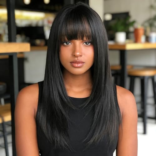 Long Black Straight Hair Wig with Bangs Synthetic High Density Long Hair Wig for Women (Black) - Image 3