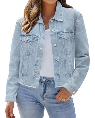 LookbookStore Jean Jackets for Women Trendy Button Down Denim Trucker Jackets Long Sleeves Frayed Hem Shacket Jacket
