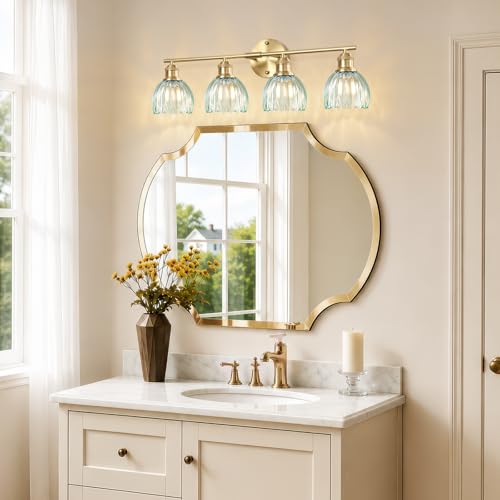 Image of Bathroom Light Fixtures, 4-Light Brushed Gold Vanity Lights for Bathroom with Blue Tulip Glass Shade, 26 inch Vintage Bathroom Vanity Lighting Fixtures Over Mirror for Bedroom Living Room Hallway