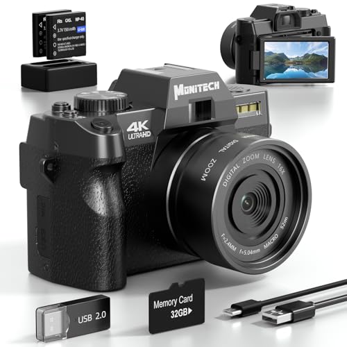 Monitech Cámara digital para fotografía y video, cámara de vlogging 4K 48MP para YouTube con pantalla abatible de 180°, zoom digital de 16X, 2 baterías (WT, S100, negro)