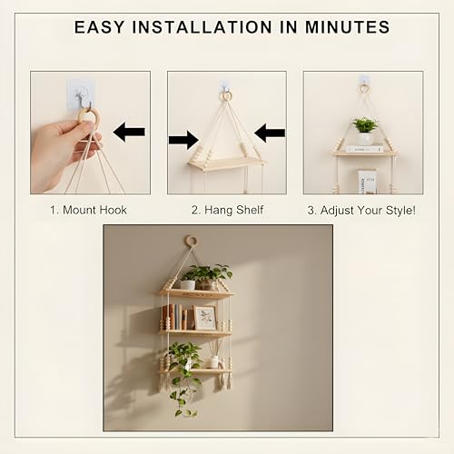 Image of 3-Tier Hanging Shelf with Wall Hook, Use Decor Plants, Books, Decorative Gift Items Nursery Livingroom Wooden Beads & Ring, Tassels Woven Bohemian