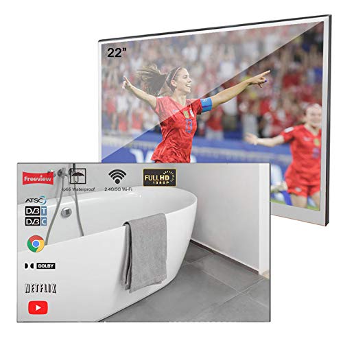 Soulaca 22 Inches Smart Mirror TV for Bathroom Android System, Waterproof Wall Mounted Built-in WiFi & Bluetooth Vanity Mirror Display ATSC Tuner New
