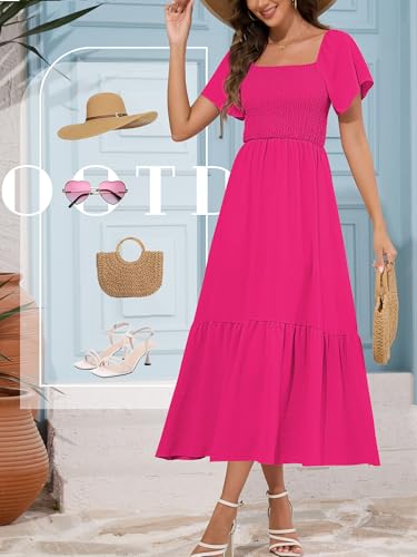 Image of Women's Summer Causal Dress Flowy Maxi Dress Square Neck Sleeve Tiered Smocked with Pockets(Hot Pink,Medium)