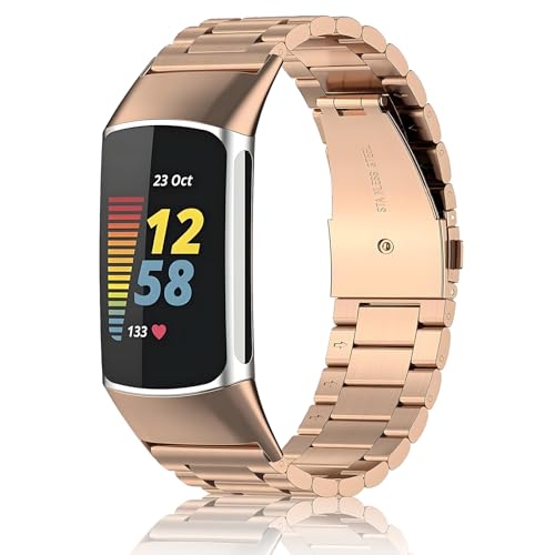 SUGARJAR Correa Acero Inoxidable Compatible con Fitbit Charge 6/5, Pulsera Metálica Ajustable con Cierre Mariposa para Hombre Mujer