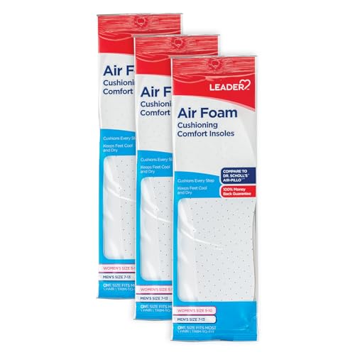 Image of Leader Air Foam Insoles, Keeps Feet Cool & Dry, Cushions Every Step, for Men & Women, One Size Fits Most, Trim to Size, Unisex, Compare to Dr. Scholl's Air-Pillo, 1 Pair - Pack of 3