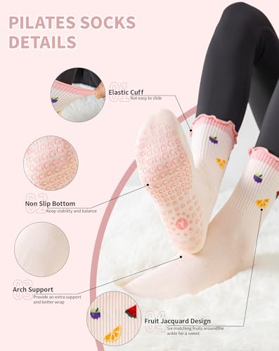 Image of Yawlsow Pilates Grip Socks for Women Yoga Grippy Socks Cute Barre Non Skid Athletic Crew Sticky Sock Workout Hospital