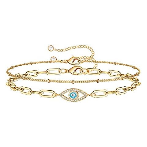 Dainty Gold Bracelets for Women, 14K Gold Filled Adjustable Layered Bracelet Cute Evil Eye Oval Chain Pearl Bar Turtle Gold Bracelets for Women Jewelry, Metal, not known Cover