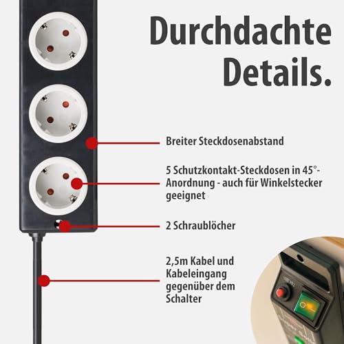 Brennenstuhl Super-Solid Steckdosenleiste 5-Fach mit Überspannungsschutz (Mehrfachsteckdose mit 2,5m Kabel und Schalter - aus bruchfestem Polycarbonat) schwarz/grau – Bild 5