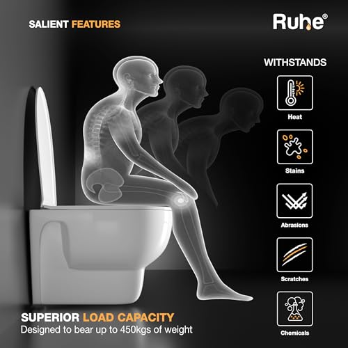 Image of Ruhe Aura Wall-Hung Rimless Western Commode with Washdown Flushing System | P-Trap | 19.6 x 13.5 x 14.5 inches | Ceramic White Glossy Finish, Space-Saving Design | Includes Soft-Close Seat Cover