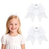 2pcs Cheer Bows for Cheerleaders Elastic Band Bows Large Cheer Hair Bows with Ponytail Holder for Girls Softball Football (White)