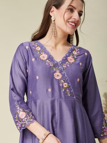 Image of MOKOSH Women's Silk Blend Embroidered Anarkali Kurta Pant with Dupatta | Anarkali Kurta Pant With Dupatta | V Neck 3 /4 Sleeve | Ethnic Wear | Floral Kurta 3 Color Available