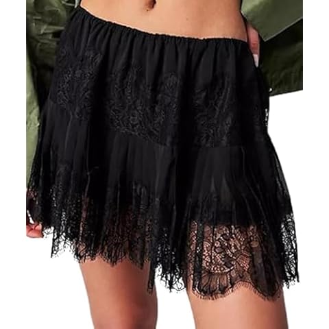 Kluyuexin Women Y2k Lace Mini Skirts Summer Lace Slip Skirt Pleated Ruffle Floral Lace Tiered Short Skirts Underskirt Black XXL Cover