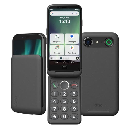 Doro - Smartphone à Clapet Aurora A20 - Téléphone Portable Senior - Facile à Utiliser - Touche d'Assistance avec Localisation GPS - Compatible Appareils Auditifs - Câble USB Inclus - Graphite