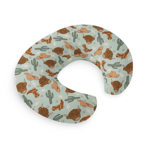 Image of HawSkgFub Teal Blue Highland Cow Cactus Nursing Pillow Cover for Baby Boys, Boho Western Cowboy Boot Hat Star Breastfeeding Pillow Slipcover, Nursing Pillowcase for Newborn Infant, Cover Only