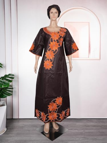Image of HD African Bazin Riche Maxi Dress for Woman Traditional Embroidery Dashiki Dresses with Head Wraps