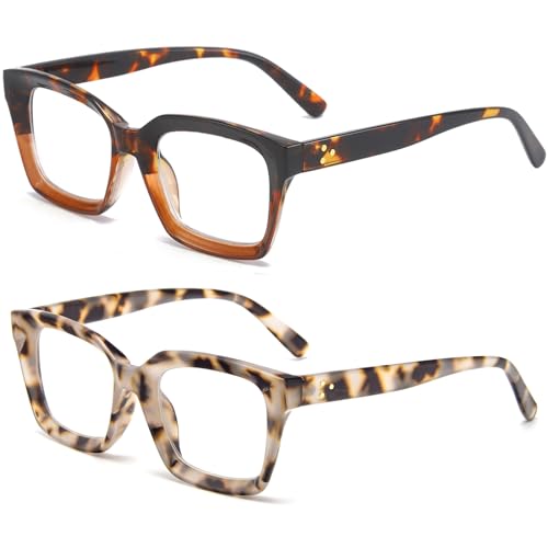 Image of REAVEE 2 Pack Oversized Reading Glasses for Women Men Blue Light Blocking, Ladies Stylish Retro Square Large Computer Readers (Leopard /Tea Leopard 2.0x)