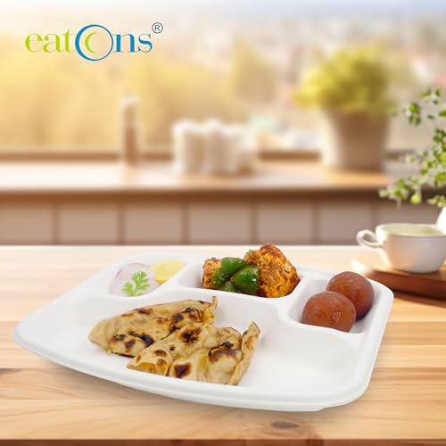 Image of EATONS | 4 Compartment Bagasse Meal Tray | 11 Inch - Pack of 100 | Disposable Plates Big Size | Sugarcane Paper Plates | Great for Events, Caterers & Buffet | Heavy Duty, Leakproof, Microwave Safe