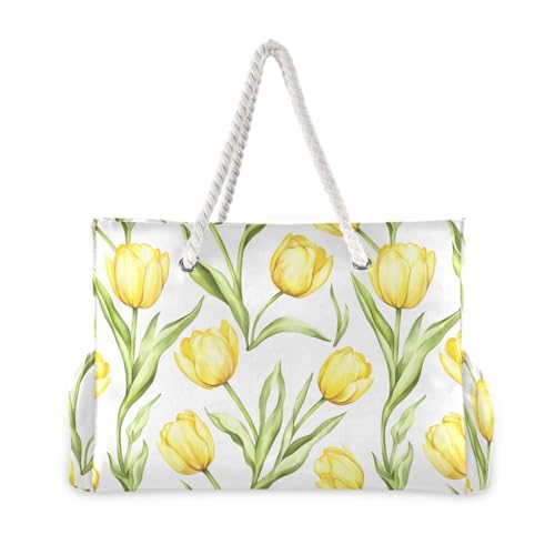 Yellow Tulips Beach Bag & Travel Tote Bag Large Sandproof with Zipper Closure, Wet Pouch for Swim Gym Travel, Lightweight Foldable Outdoor Bag2