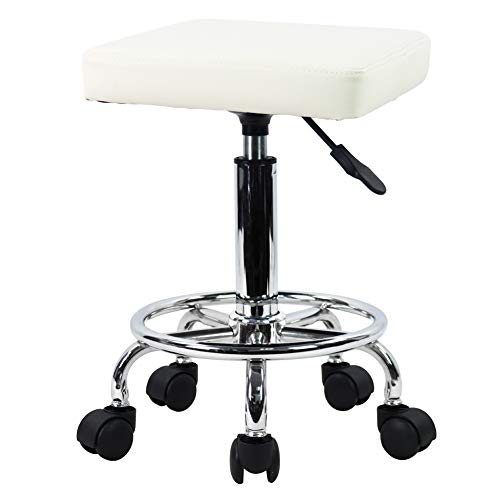 KKTONER Taburete con Ruedas Cuadrado Cuero de PU Altura Ajustable Giratorio Masaje SPA Taburetes de salón Silla de Trabajo con Ruedas Color Blanco