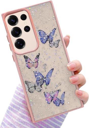 Image of VONZEE for Samsung Galaxy S25 Ultra Clear Glitter Butterfly Case, Cute Bling Sparkle Shiny Soft Silicone TPU Bumper Shockproof Women Girls Slim Protective Phone Cover for Galaxy S25 Ultra, Pink
