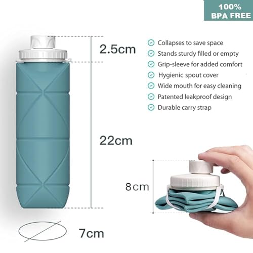 Image of Collapsible Silicone Water Bottle 610ml | Leakproof, BPA-Free, Foldable Wide Mouth, Portable for Travel, Gym, Cycling, Camping, Sports Reusable Lightweight Drinking Bottle with Secure Lid