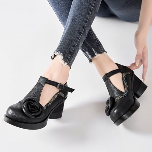 Women's Genuine Leather Mary Jane Chunky Heel Shoes Classic Round Toe Flowers T Strap Mid Block Heel Dress Pumps Grace Party Wedding Bridal Shoes4