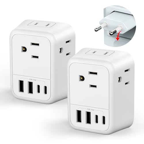 2 Pack European Travel Plug Adapter, FLASHSONIC European Plug Adapter with 4 AC Outlets 4 USB...