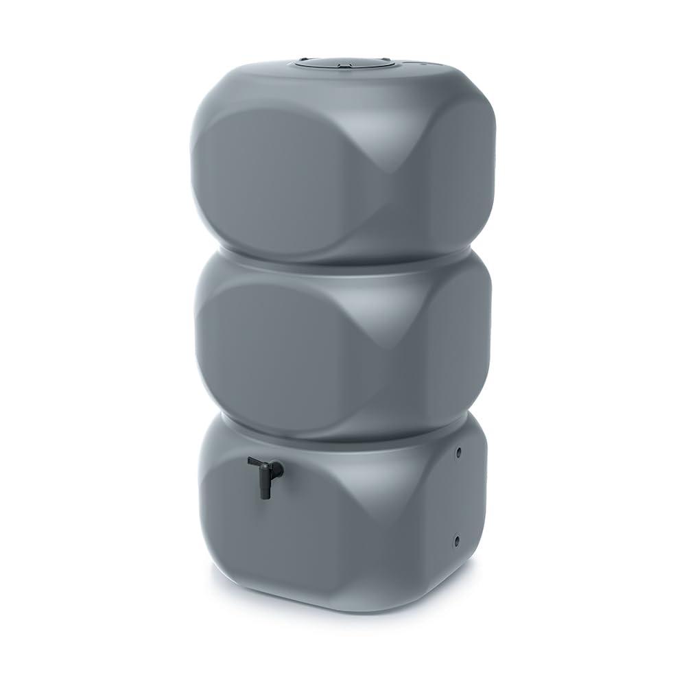 Kreher XL Regentonne 320 L mit Auslaufhahn (Grau) | Robuste Regenwassertonne aus Kunststoff mit schlichtem, edlem Design für die Gartenbewässerung
