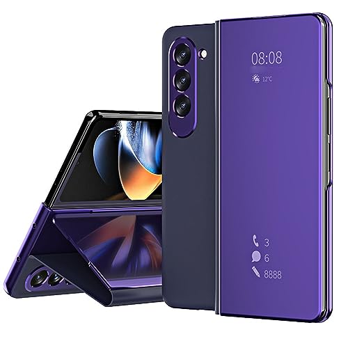 Mirror Case for Samsung Galaxy Z Fold 5, Luxury Clear View Smart Display Flip Case Ultra Thin with Stand Function Phone Cover,Purple, Silver