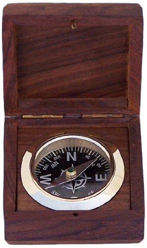 Hampton Nautical Solid Brass Black Desk Compass with Rosewood Box, 3", Brass