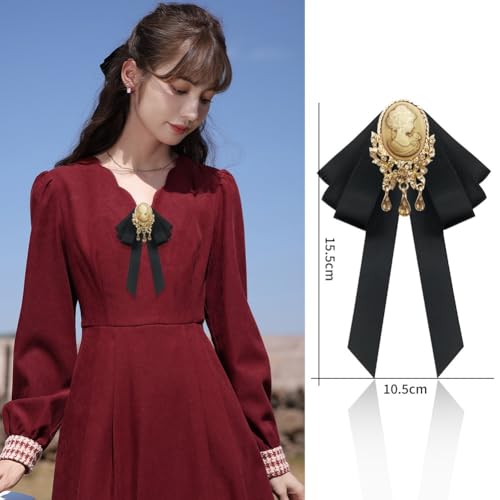 Image of Retro Court style Crystal Ribbon Bow Tie Brooch Pins for Women Girls Victorian Cameo Bow Brooch Pre-Tied Bowknot Corsage Collar accessory