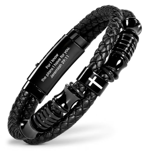 Pulsera cristiana de cuero negro para hombre miniatura 1
