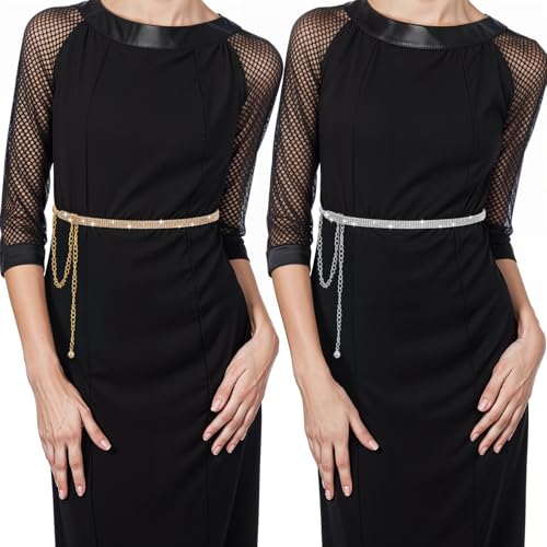 2pcs Sparkly Belts for Women, 125.5cm/49.4 In Gold and Silver Rhinestone Belt, Rhinestone Belt for Formal Dress Wedding Bridal, Gold & Silver2