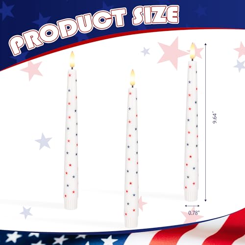 Image of 4th of July Candles, Flameless Taper Candles with Remote, 9.6 inch Red White and Blue Star Candles, Real Wax Flickering Independence Flameless Candles, Patriotic Candles, Battery Candles, Set of 3