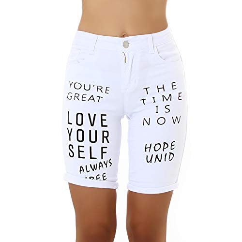 Miss RJ Jeans Pantalones cortos para mujer, cintura alta, pantalones vaqueros con texto impreso Blanco 34