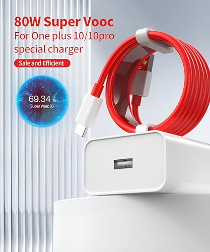 Image of 80W Supervooc USB-C Charger for OnePlus 12 /12R /11 /11R, 10 Pro /10T /10R /10, 9 Pro /9RT /9 /8, Nord CE 4 /CE 3 /CE 2 /CE 2 Lite /CE 3 Lite, Nord 4 /3 /2 /2T - Fast Charging Adapter with Type-C Cable, White