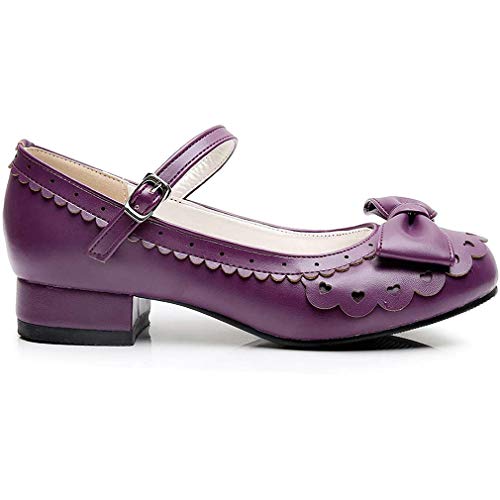 Parisuit Women's Mary Jane Round Low Heel Pumps Flat Ankle Strap Rockabilly Bowtie Shoes4