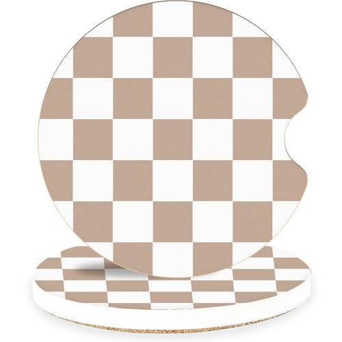 Brown Checkerboard Ceramic Car Coasters – Absorbent Car Cup Holder Coaster Set for Aesthetic Car Interior, Retro Neutral Car Accessories, 2 Pack