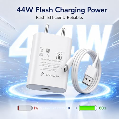 Image of Vivo 44W Flash Adapter with Type C Charging Cable for Vivo T5x, T5 Pro, V70 FE,Y05, X300, V60e, Y31, Y31 Pro, T4 Pro, V60, T4, T4R, T4x, IQOO 15,13, 10R, Z10, Z10x, Neo 10, Z10R | 44 W Quick Charger