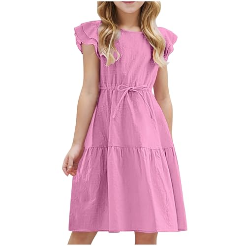 Girls Cotton Linen Dress Summer Casual Party Double-Ruffle Sleeves Dresses Loose A-Line Flowy Dress with Drawstring