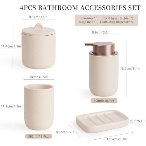 Image of BosilunLife Apricot Ceramic Bathroom Accessories Set of 4 | Bathroom Decor Sets Accessories Bathroom Foam Soap Dispenser and Toothbrush Holder Set, Soap Dish, Apothecary Jars.(Foam)