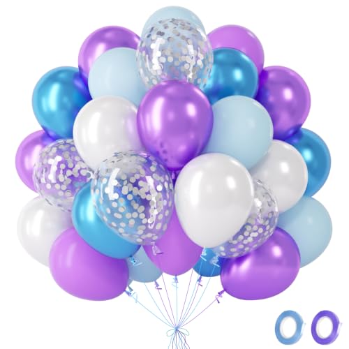 Ballons Frozen, 60 Pièces Ballon Bleu Violet Blanc Perle avec Ballons Confettis Metallic, Ballon Anniversaire pour Anniversaire Reine des Neiges Princesse...