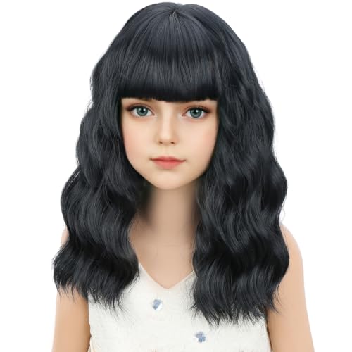 Image of Black Wig Short Black Wavy Curly Bob Wig Black Wig with Bangs Synthetic Wigs for Halloween Party