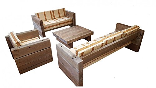 Casa-Padrino Luxury Garden Furniture Set Solid Oak - Heavy Version - 3, 2, 1 x + Table - Solid Wood Rustic - Lounge Set, Color:Crema Funda de Almohada/Franja Naranja