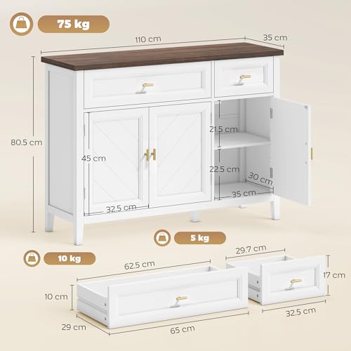 Homcom Sideboard With Thick Top, Modern Storage Cabinet, Kitchen Cupboard With 3 Doors, 2 Drawers And Adjustable Shelves For Dining Room, Living Room, White And Brown Wood Effect - 3