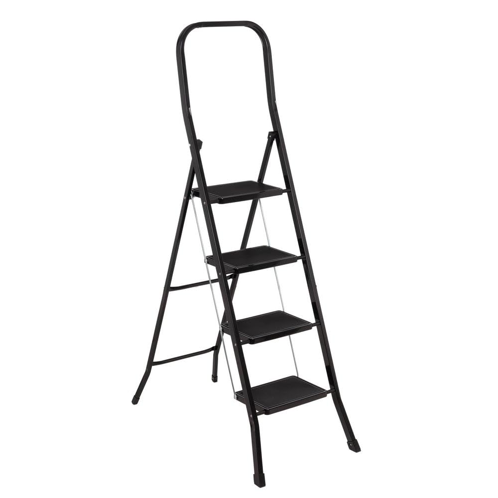 LOLAhome - Escalera Plegable de 4 peldaños Antideslizantes de Acero Color Negro. Soporta 150 kg. Medidas Abierta: 46x86x156 cm. Medidas plegada: 46x4x165 cm. Cumple normativa EN14183