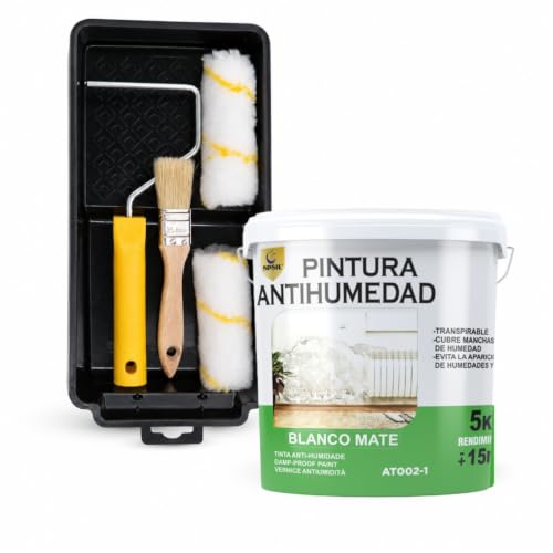 SPSIL Pintura Antihumedad Blanco Mate 5KG + Kit Pintura 5 Piezas, Cubre Manchas Humedad y Moho para Paredes Techos Baño Cocina Secado Rápido
