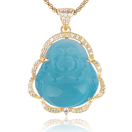 Image of ASGIFT Laughing Buddha Necklace Cubic Zirconia Green Jade Buddha Pendant with 18K Gold Plated Chain Lucky Buddha Necklace Jewelry Gift