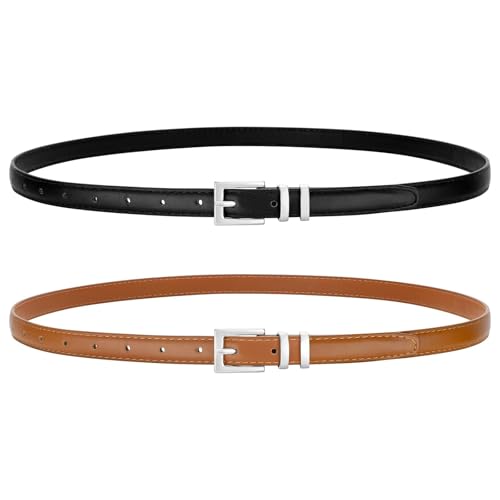 VONMELLI 2 Packs Thin Leather Belts for Women Jeans Dress Women's Skinny Belt Ladies Belts with Bright Sliver Buckle Black Brown M